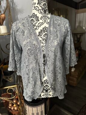 Pout Gray Floral Lace Open Front Cardigan